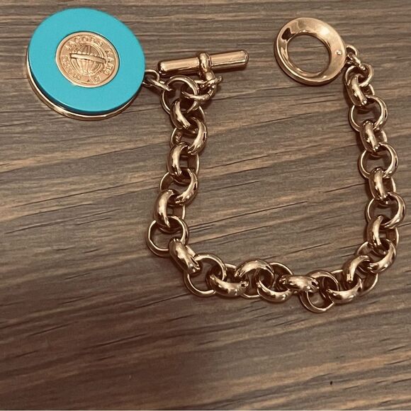Marc Jacobs Gold Chunky Chain Bracelet Teal Blue Blue Medallion Toggle - Picture 5 of 7